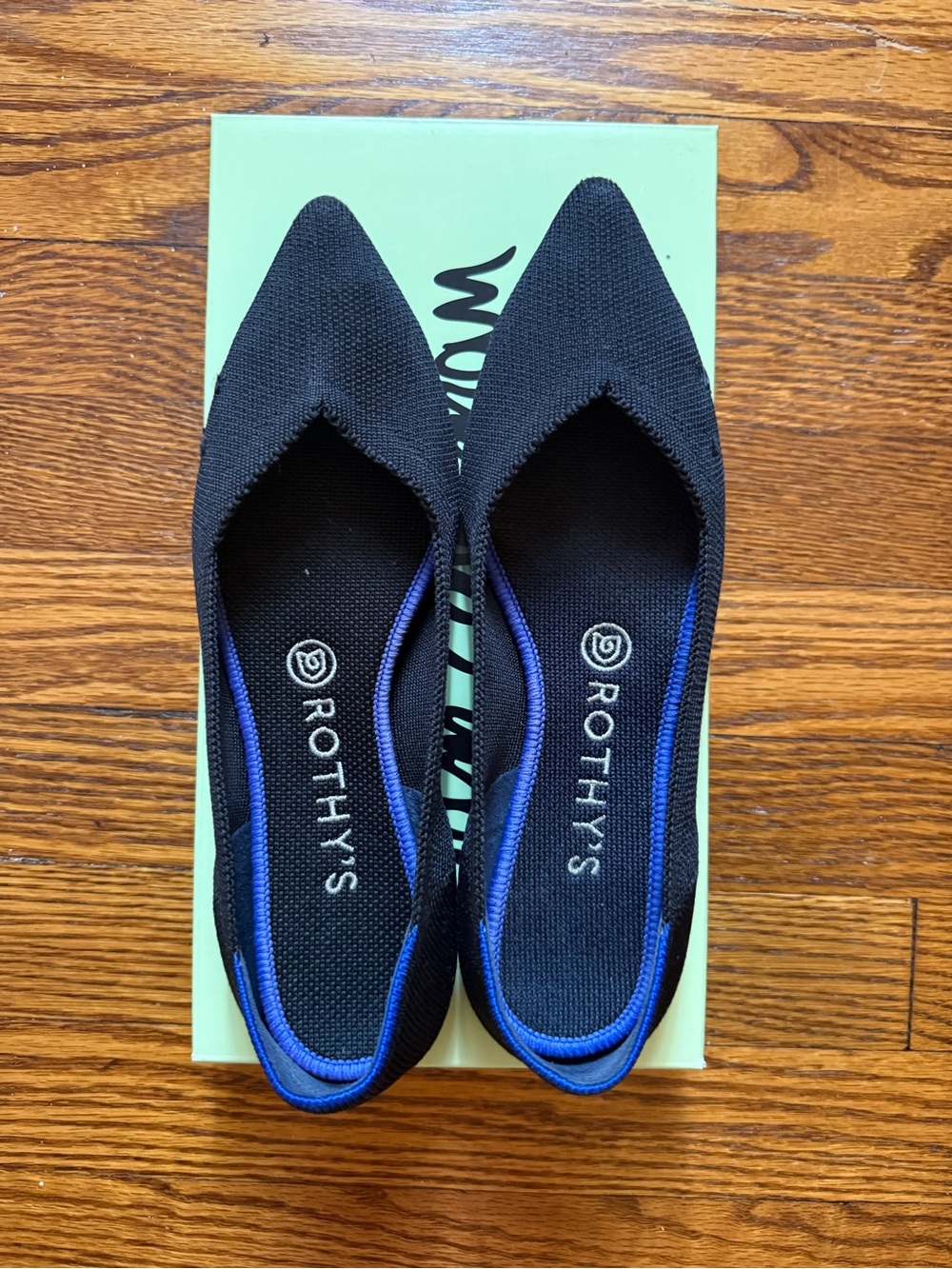 Rothy's Black Pointed Knit Flats with Blue Trim